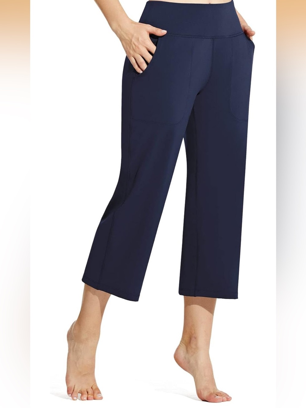 Baleaf Women's Capri Pants, High Waist Yoga Straight Leg, 3 Pockets, Navy 2XL